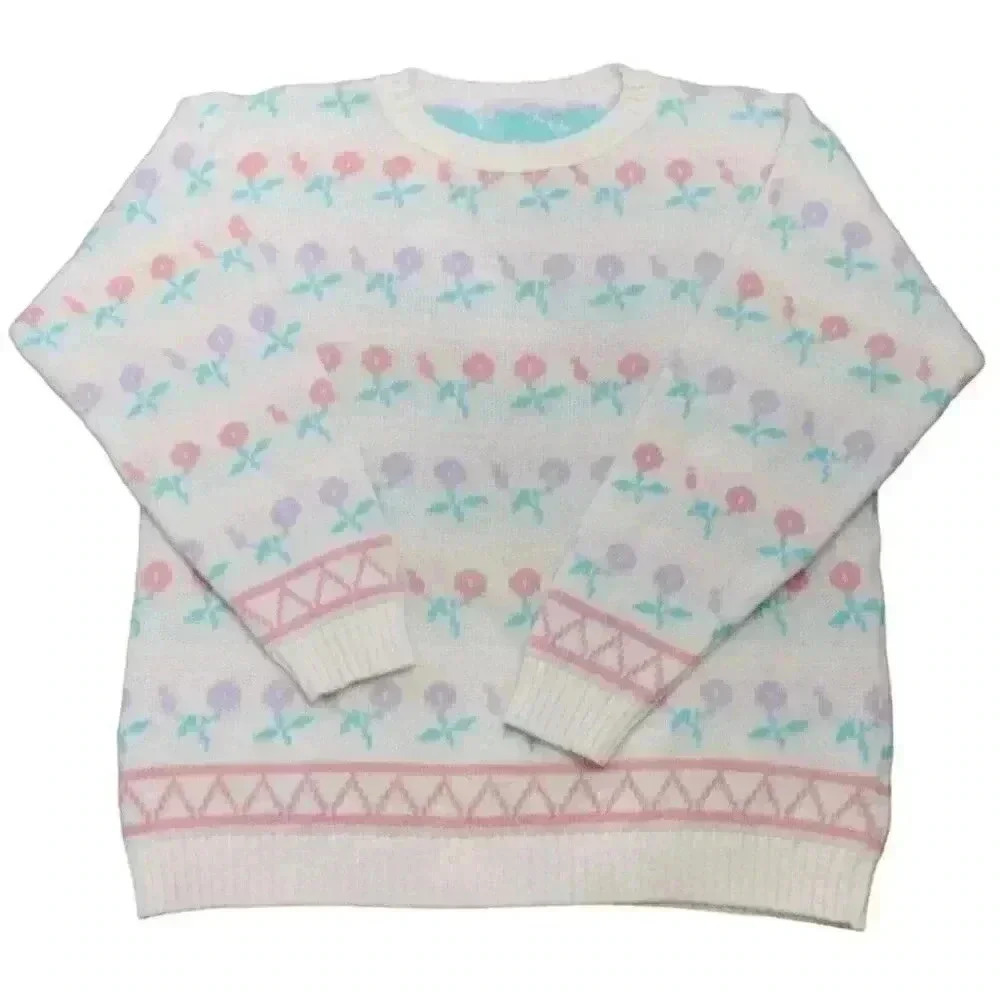 Vintage 80s Large Alicia Multicolor Floral Sweater USA Made Drop Shoulder Knit